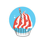 Line Icon with Flat Graphics Element of Birthday Cake Vector Ill