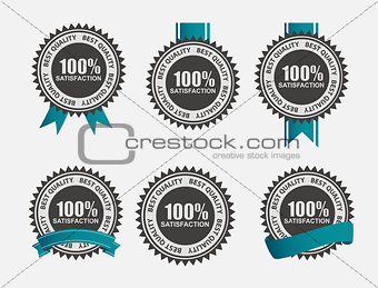 Vector 100% Satisfaction  Retro Label Set with Blue Ribbon.