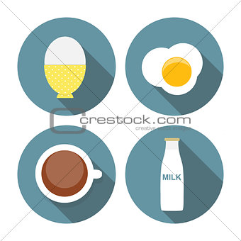 Scrambled Egg, Soft-Boiled Egg, Milk, Coffee Icon Set Vector Ill