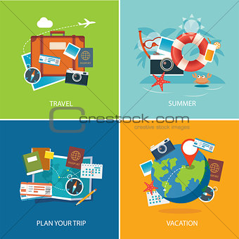 set of summer and travel flat design banner template