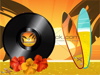 Summer sunset background with vinyl record surfing board hibiscu