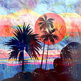 Graphics tropical landscape with palm trees