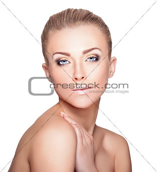 Beautiful Blond Woman Portrait on White Background