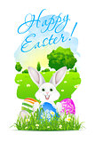 Easter Card with Landscape, Rabbit and Decorated Eggs
