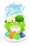 Easter Card with Landscape, Cake and Decorated Eggs