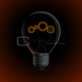 Lightbulb with "gear" sign on a dark background