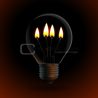 lightbulb with four fire candle on dark background