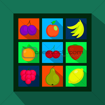Fruits and berries flat icons with long shadow