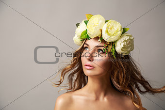 Woman in Flower Wreath with Waving Hair