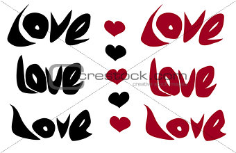 love word and heart in black red over white