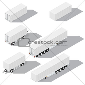 Shipping containers and trailers isometric detailed icons set