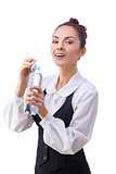 Confident businesswoman having drink from water bottle. All isolated on white background.