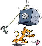Cartoon cat about to be crushed by falling safe
