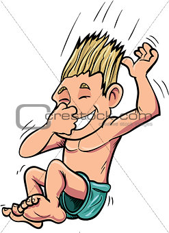 Cartoon boy jumping holding his nose