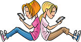 Two cartoon teen girls using mobile phones