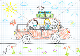 Happy family - mom, dad and two children in car