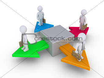 Businessmen standing on different arrows
