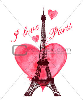Watercolor heart and Eiffel Tower