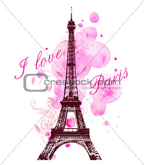 Pink watercolor blots and Eiffel Tower