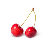 Two red juicy sweet cherries deployed