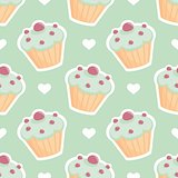 Tile vector pattern with cupcake and hearts on mint green background