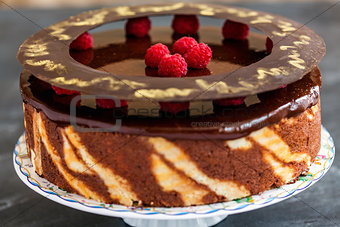 Chocolate cake with raspberries.