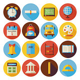 Flat Back to School Circle Icons Set with long Shadow