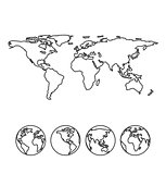 Gray outline map of the world with globe icons