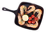 Grilled shrimps on frying pan