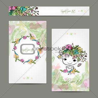 Postcard floral design with cute girl sketch