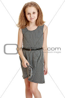 Beautiful dressy blonde girl in a gray silk dress