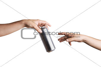 Male hand giving a beer can to another person