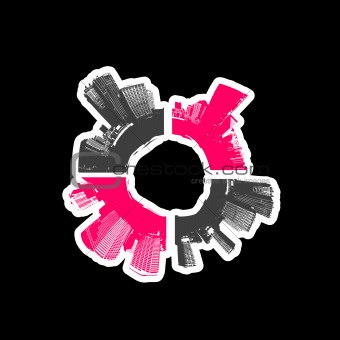 City in circle with pink. Vector art.