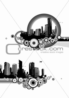 Two illustrations of city with circles. Vector