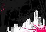 Illustration with city and pink splash. Vector