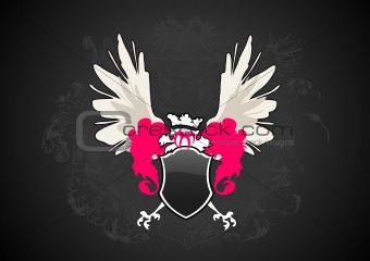 Shield with wings on black gradient background. Vector