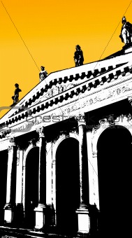 Old building with yellow sky. Vector