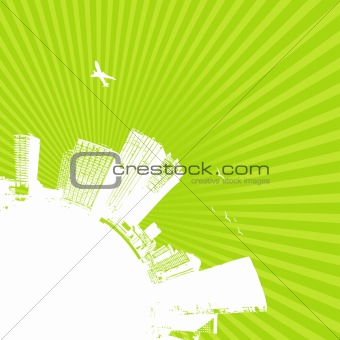 Silhouette of city with sunrise on green background. Vector art.