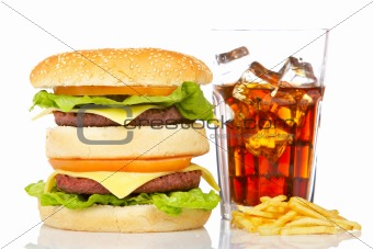 Double cheeseburger, soda and french fries