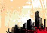 Illustration with city and red splash. Vector
