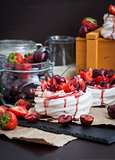  Pavlova meringue cake with fresh strawberry and cherry