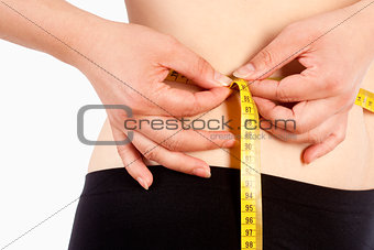 Woman in Black Underwear Measuring her Waist