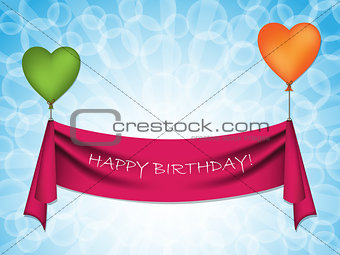 Happy birthday ribbon on heart balloons