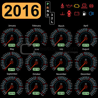 2016 year calendar speedometer car.  Vector illustration.