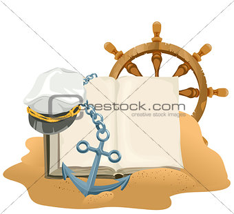 Sea Adventure. Open book, anchor, captain cap and wheel lying on sand