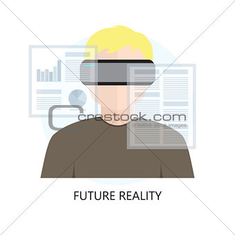 Man Wearing Head Mounted Display and Working with Documents. Fla