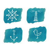 Sea handdrawn icons on watercolor background
