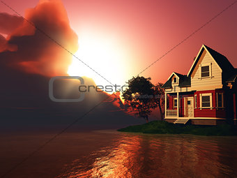 3D house by a lake against a sunset sky