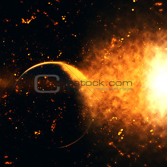 Space background with fictional planets and cosmic explosion