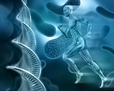 3d male medical figure on abstract DNA virus background